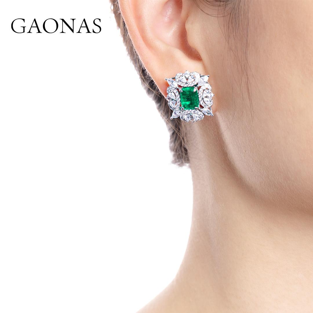 GAONAS Emerald earring Cubic Zirconia S925 Silver Artificial woman unisex fashion luxurious jewelry Green rich creative gifts 2025 NEW GE041080