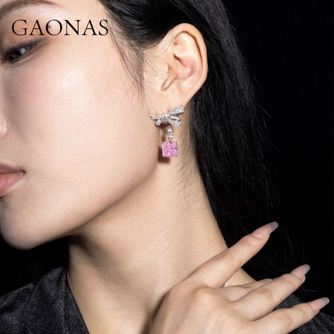 GAONAS Sakura Pink earring Cubic Zirconia S925 Silver Artificial woman unisex fashion luxurious jewelry Pink rich creative gifts 2025 NEW FE081400