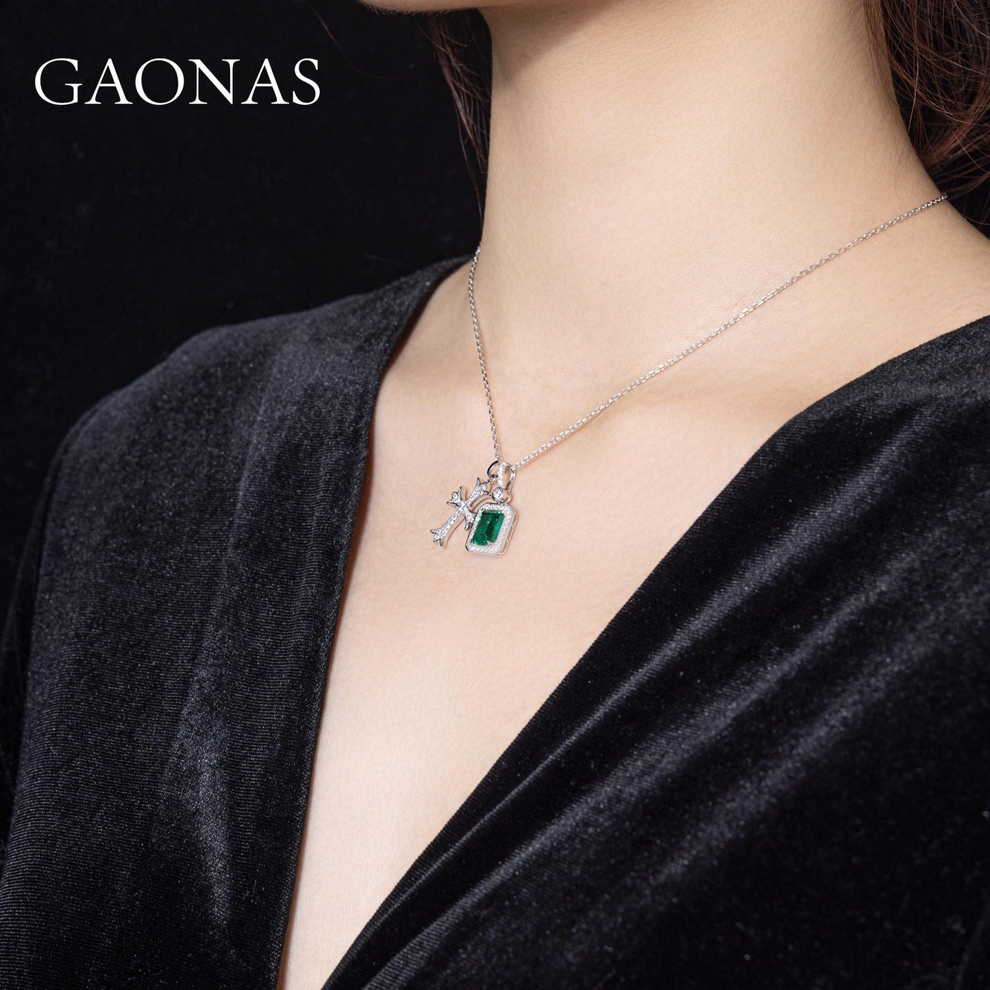 GAONAS Emerald necklace Cubic Zirconia S925 Silver Artificial woman unisex fashion luxurious jewelry Green rich creative gift 2025 NEW GX075600