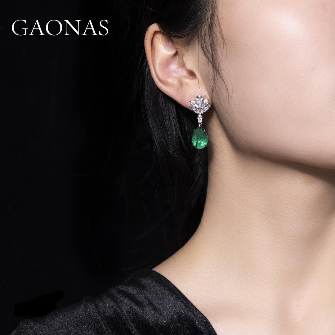 GAONAS Emerald earring Cubic Zirconia S925 Silver Artificial woman unisex fashion luxurious jewelry Green rich creative gifts 2025 NEW 10067EG