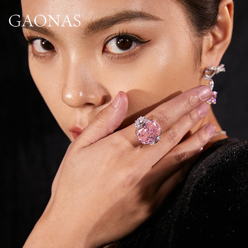 GAONAS Sakura Pink ring Cubic Zirconia S925 Silver Artificial woman unisex fashion luxurious jewelry Pink rich creative gifts 2025 NEW FJ052970