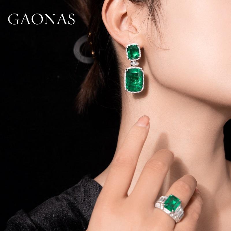 GAONAS Emerald earring Cubic Zirconia S925 Silver Artificial woman unisex fashion luxurious jewelry Green rich creative gifts 2025 NEW 10122EG