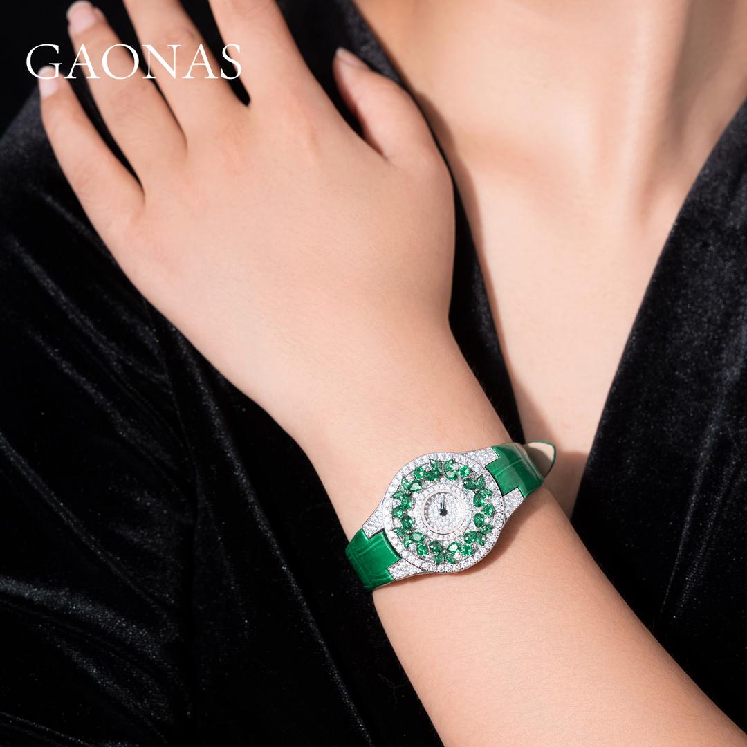 GAONAS Emerald watch Cubic Zirconia S925 Silver Artificial woman unisex fashion luxurious jewelry Green rich creative gifts 2025 NEW 10141SG