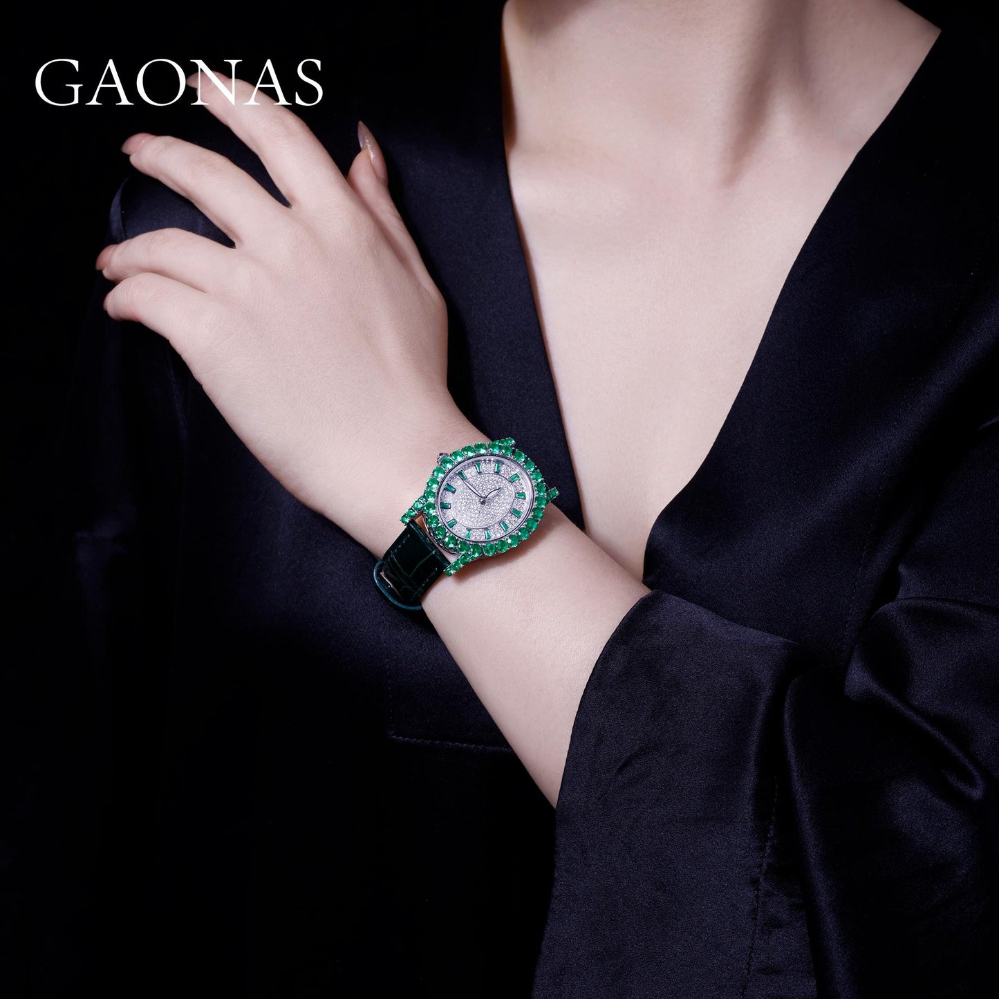 GAONAS Emerald watch Cubic Zirconia S925 Silver Artificial woman unisex fashion luxurious jewelry Green rich creative gifts 2025 NEW 10514SG