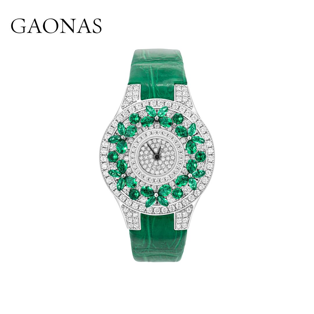 GAONAS Emerald watch Cubic Zirconia S925 Silver Artificial woman unisex fashion luxurious jewelry Green rich creative gifts 2025 NEW 10141SG